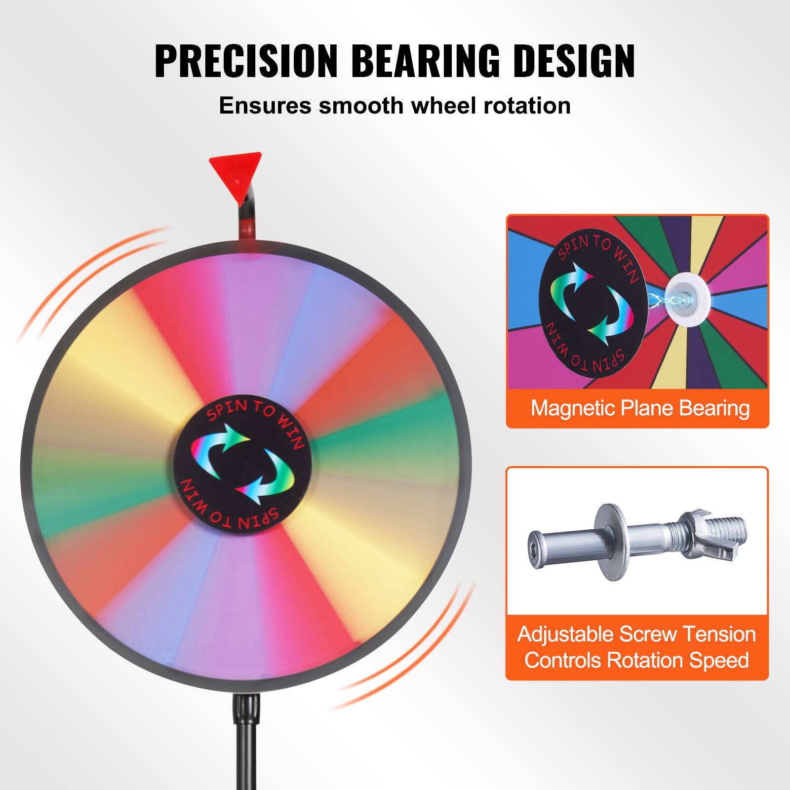PRECISION BEARING DESIGN  
Ensures smooth wheel rotation  

SPIN TO WIN  
WIN TO SPIN  

Magnetic Plane Bearing  

Adjustable Screw Tension Controls Rotation Speed
