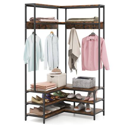 Front. SlickBlue - Corner Garment Rack with Shelves and Shoe Bench, Clothes Storage with 7 Hooks - Walnut.