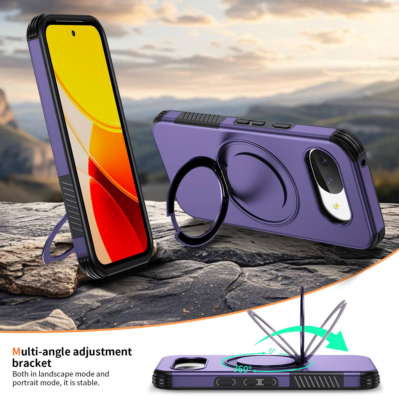 Multi-angle adjustment bracket  
Both in landscape mode and portrait mode, it is stable.  
360°