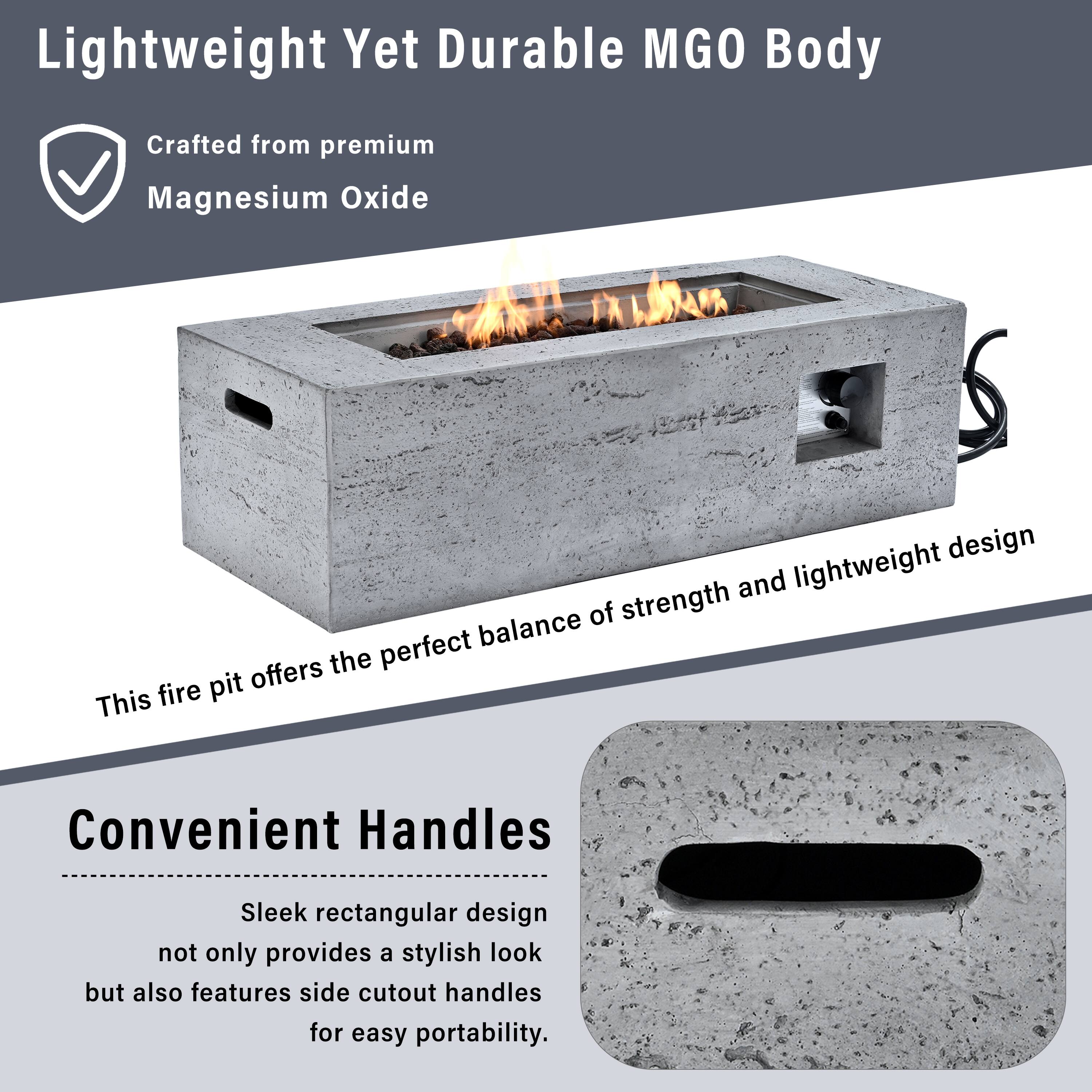 Lightweight Yet Durable MGO Body

Crafted from premium Magnesium Oxide

This fire pit offers the perfect balance of strength and lightweight design

Convenient Handles

Sleek rectangular design not only provides a stylish look but also features side cutout handles for easy portability.