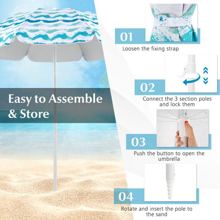 01 Loosen the fixing strap  
02 Connect the 3 section poles and lock them  
03 Push the button to open the umbrella  
04 Rotate and insert the pole to the sand