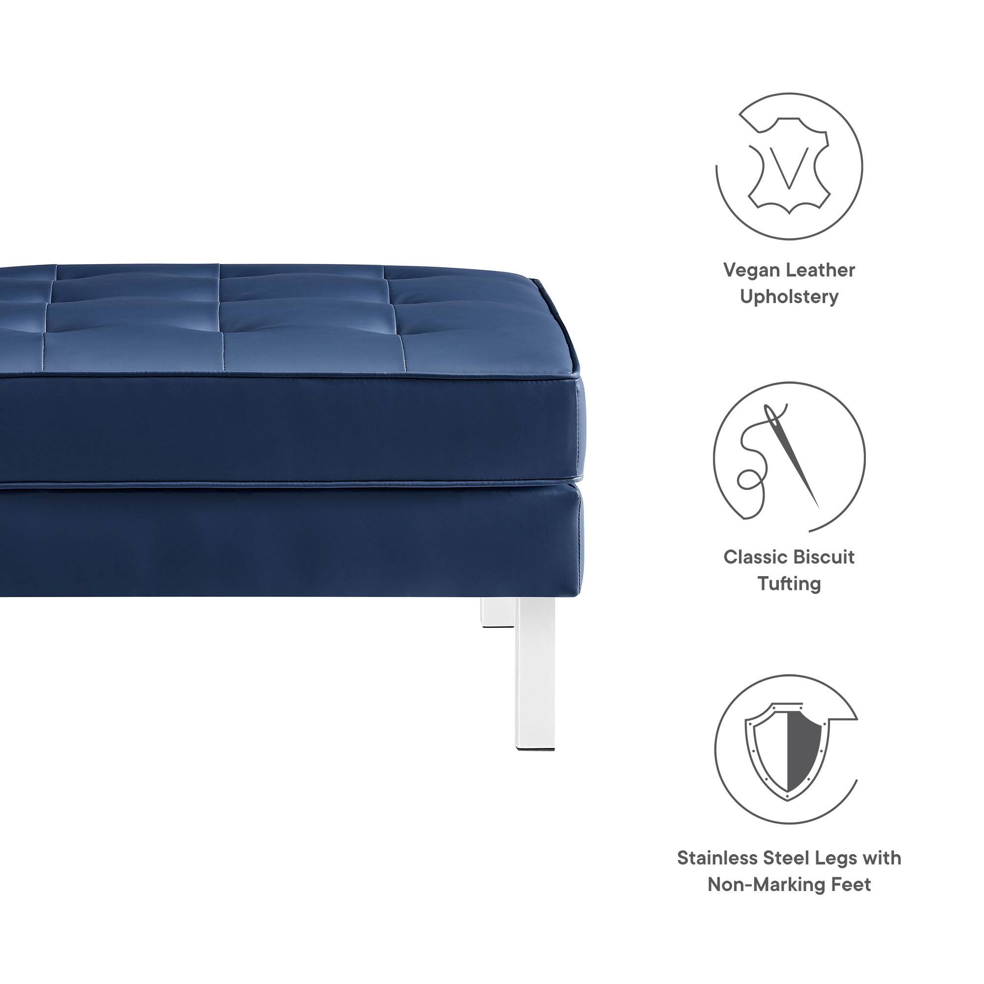 - Vegan Leather Upholstery
- Classic Biscuit Tufting
- Stainless Steel Legs with Non-Marking Feet