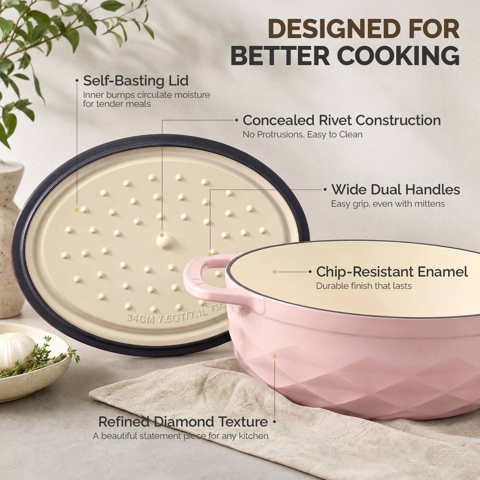 DESIGNED FOR BETTER COOKING

- Self-Basting Lid
  Inner bumps circulate moisture for tender meals

- Concealed Rivet Construction
  No Protrusions, Easy to Clean

- Wide Dual Handles
  Easy grip, even with mittens

- Chip-Resistant Enamel
  Durable finish that lasts

- Refined Diamond Texture
  A beautiful statement piece for any kitchen

7.5QT/7.11L 34CM