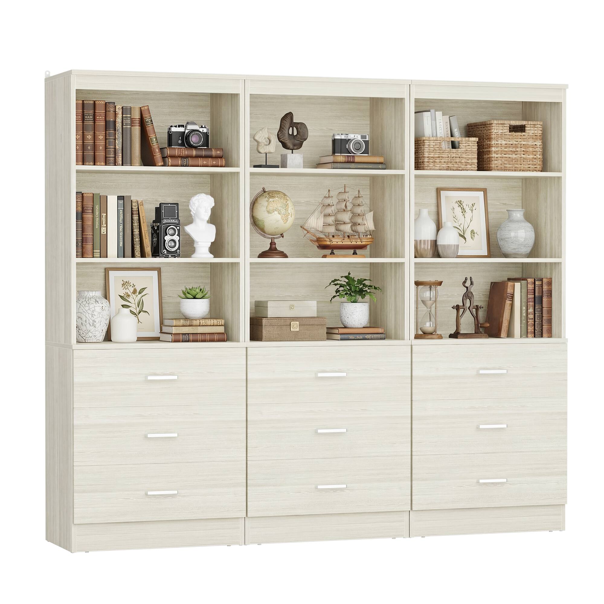 Angle. Aheaplus - 71'' Tall Bookcase with 3 Drawers and 3-Tier Open Shelves, 3 Packs - Beige Oak.