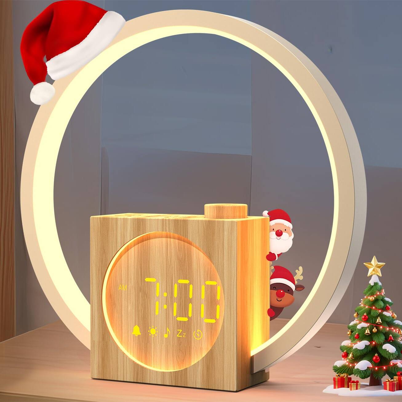 Angle. Dazzed Corner - Sunrise Alarm Clock with 12 Light Colors, White Noise Machine - Light Wood.