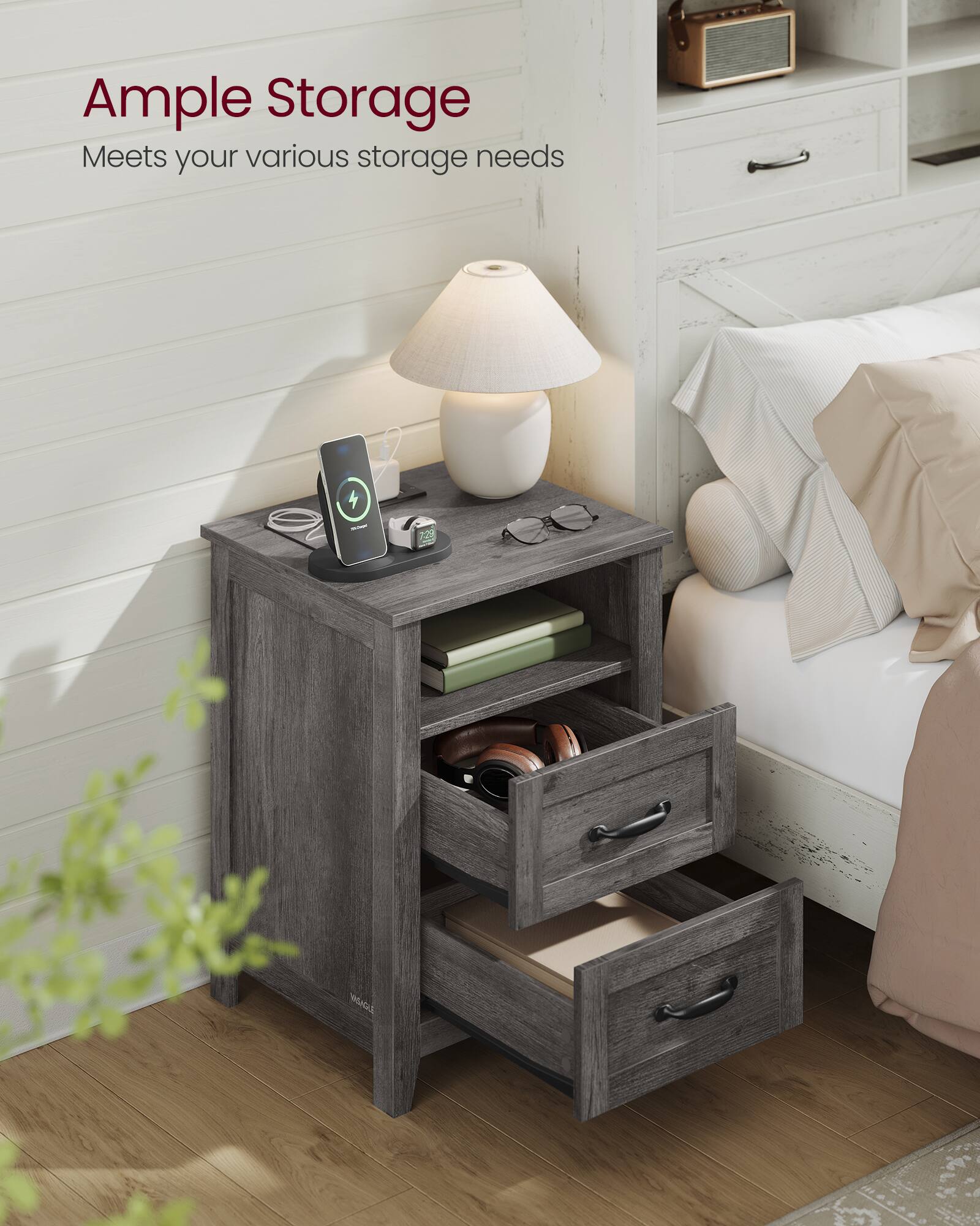 Songmics Home Farmhouse Nightstand with Charging Station, Bedside