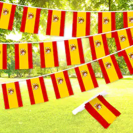 G128 - Spain Flag Bunting Banner, 33 ft, 38 Mini Flags (8.2 x 5.5 in) - Assorted Colors