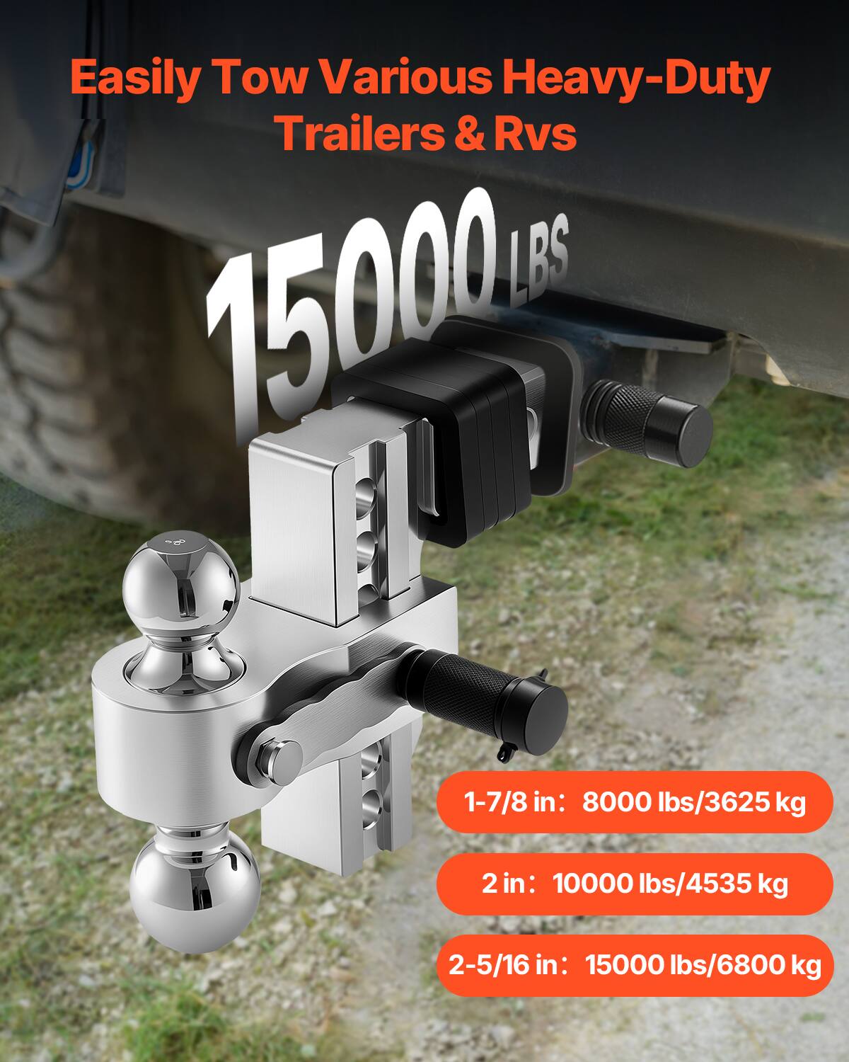Easily Tow Various Heavy-Duty Trailers & Rvs

15000 LBS

1-7/8 in: 8000 lbs/3625 kg

2 in: 10000 lbs/4535 kg

2-5/16 in: 15000 lbs/6800 kg