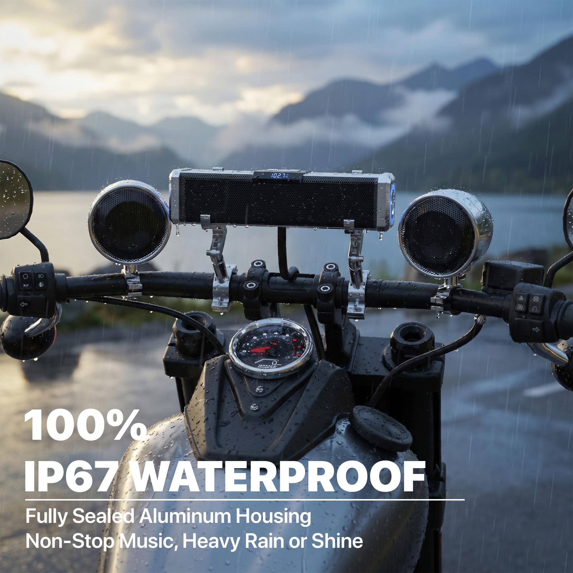 0.2.
100% IP67 WATERPROOF
Fully Sealed Aluminum Housing
Non-Stop Music, Heavy Rain or Shine
