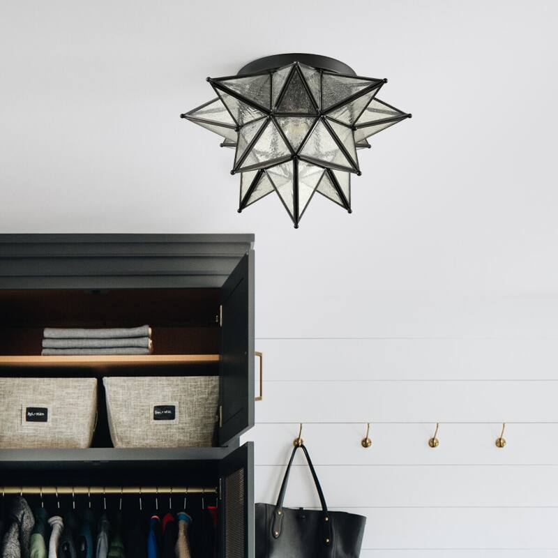Alt View 4. MOOSE - Matera Moravian Star Flush Mount Ceiling Light with 18-Inch Seeded Glass Shade - Black.