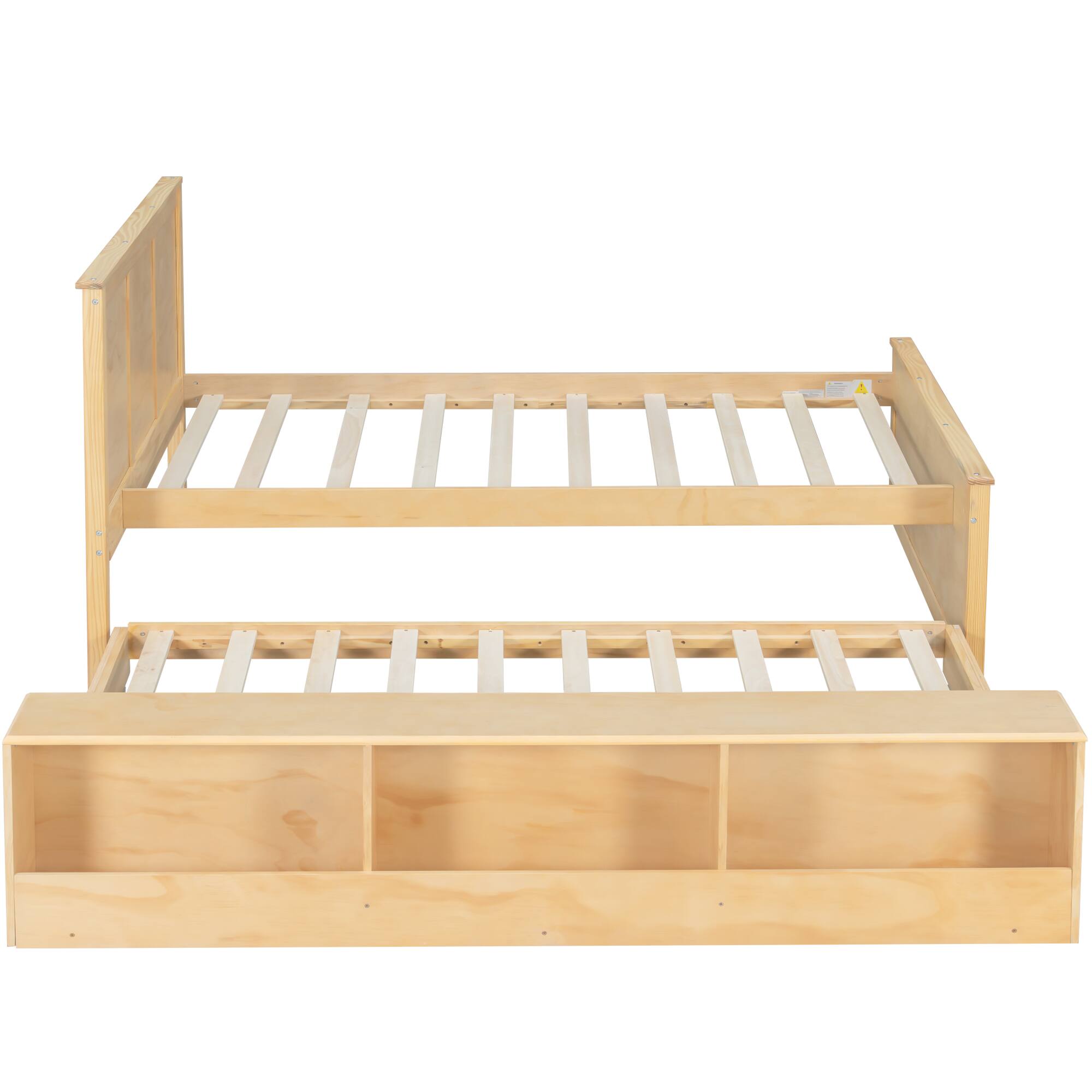 Back. Whisen - Wood Platform Bed with Pull-Out Trundle and Storage Shelves,Extendable Bed - Natural.