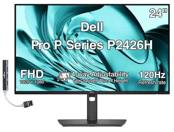 24" Dell Pro P Series P2426H
FHD 1920 x 1080
4-way Adjustability (Tilt/Swivel/Pivot/Height)
120Hz Refresh rate