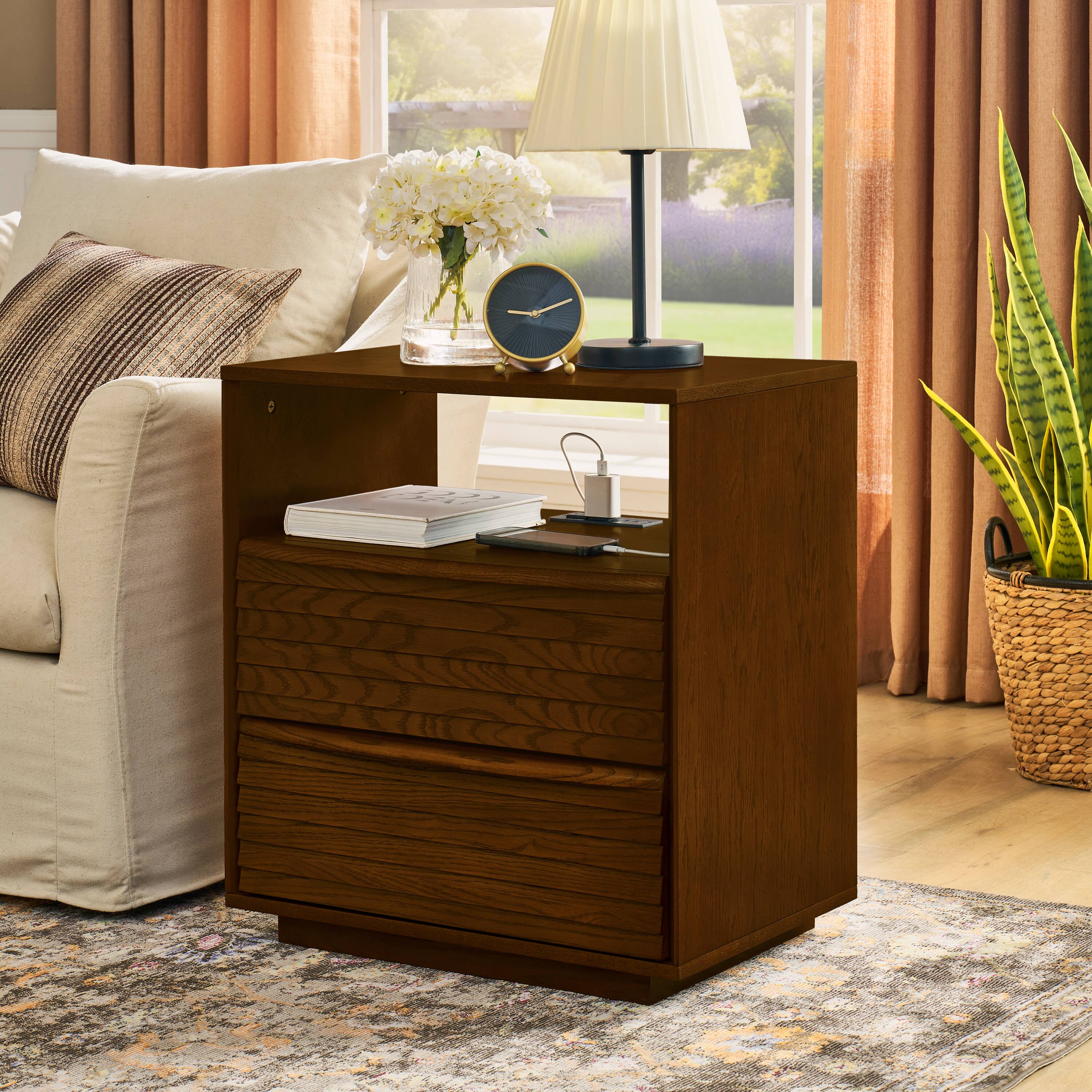 Alt View 1. Lirago - Nightstand with Charging Station 2 Solid Wood Drawers Open Shelf Walnut Brown 25.5"H x 22.75"W x 15.75"D - Walnut.