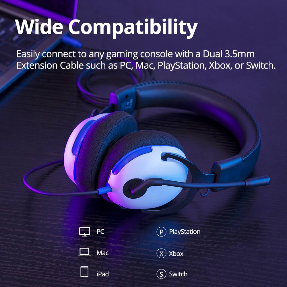 Wide Compatibility Easily connect to any gaming console with a Dual 3.5mm Extension Cable such as PC, Mac, PlayStation, Xbox, or Switch. PC, Mac, PlayStation, Xbox, or Switch.