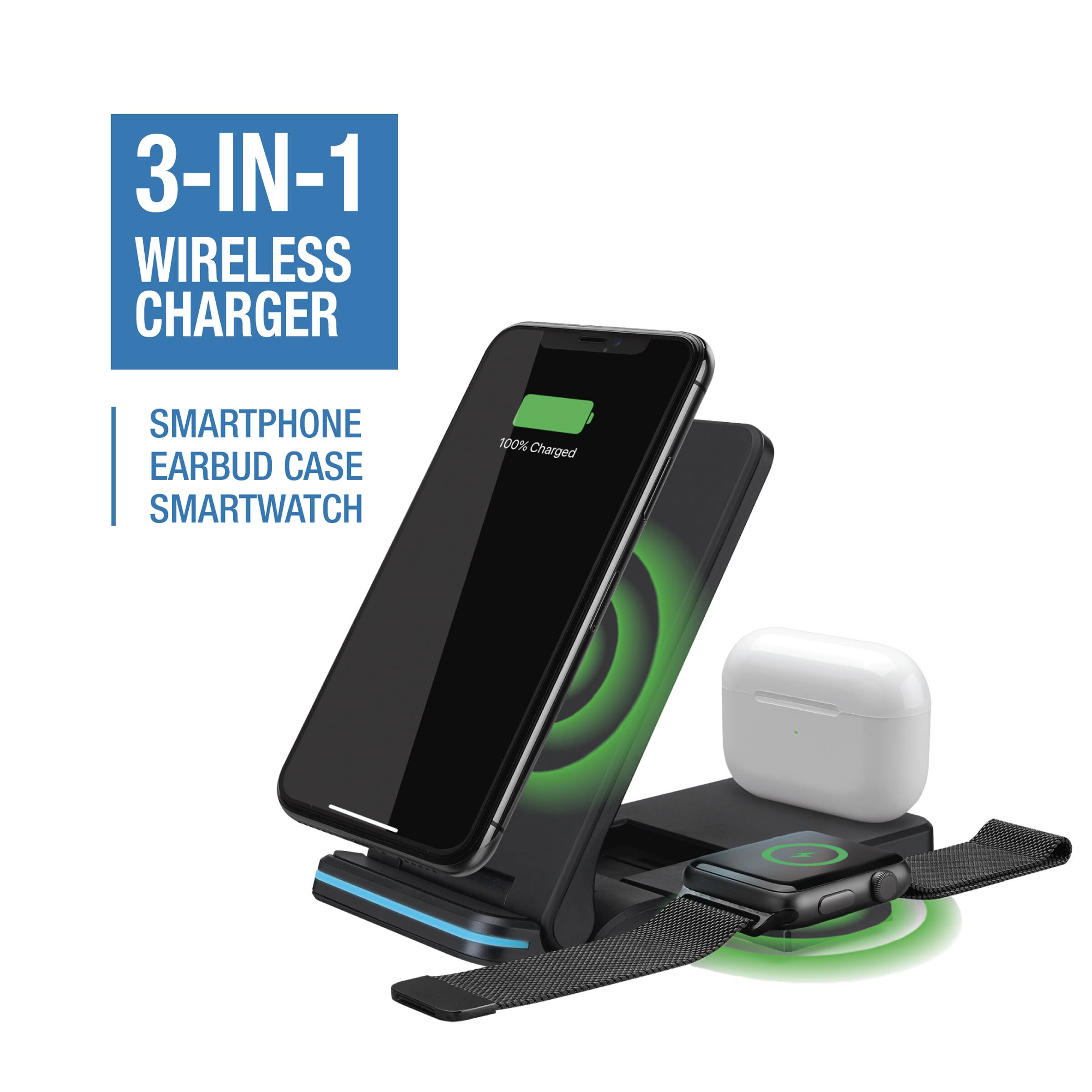 3-IN-1 WIRELESS CHARGER  
SMARTPHONE  
EARBUD CASE  
SMARTWATCH  
100% Charged