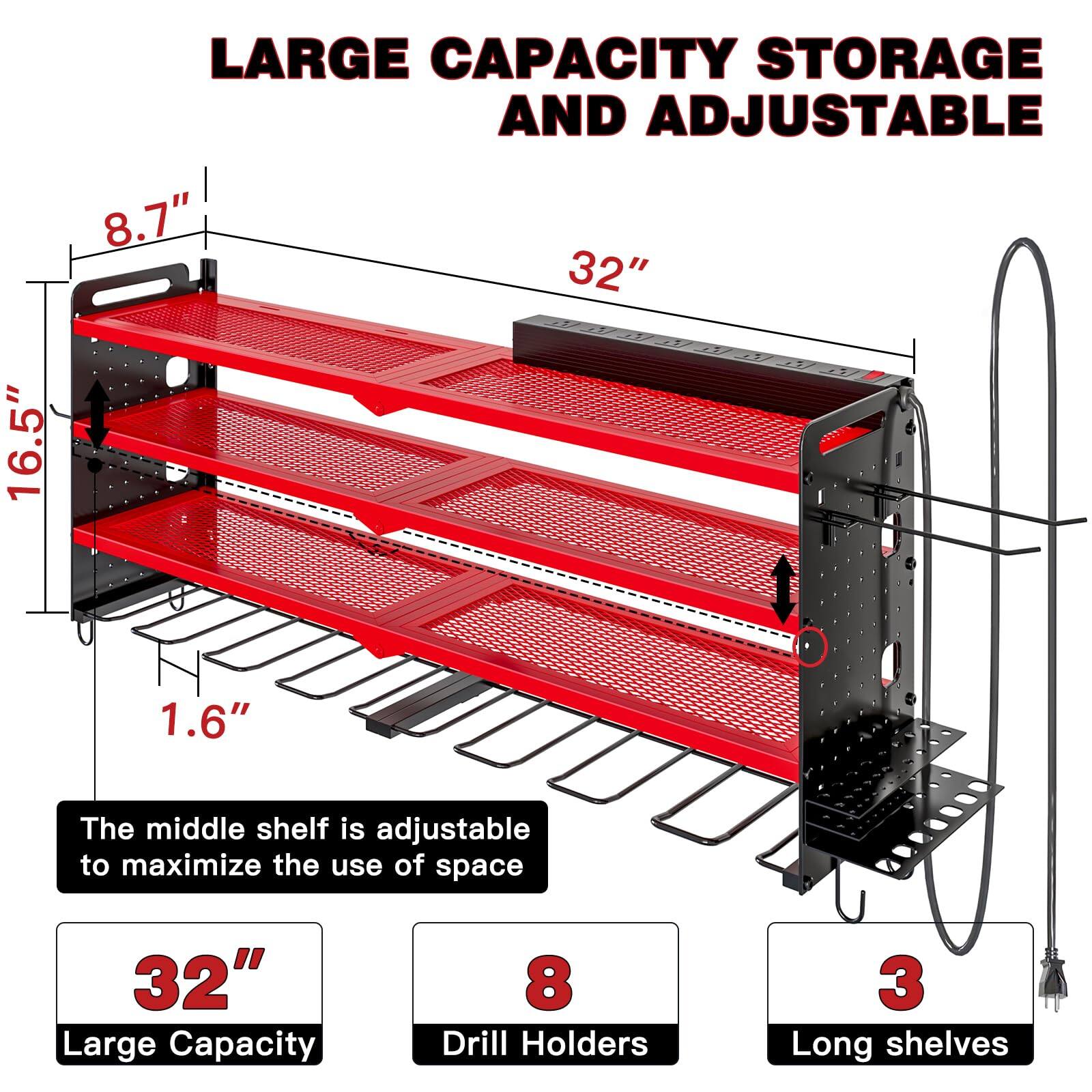 LARGE CAPACITY STORAGE AND ADJUSTABLE

- 8.7"
- 32"
- 16.5"
- 1.6"

The middle shelf is adjustable to maximize the use of space

- 32" Large Capacity
- 8 Drill Holders
- 3 Long shelves
