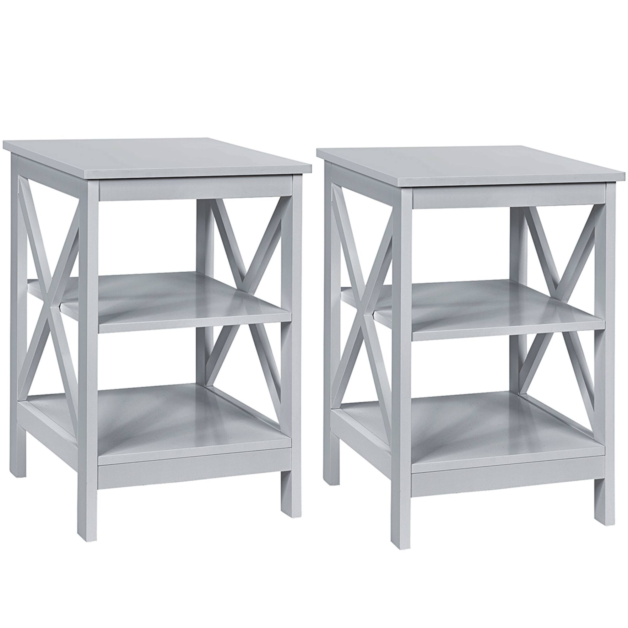 Front. Costway - 2PCS 3-Tier Nightstand End Table X Design Storage Display Shelf Living Room - Gray.