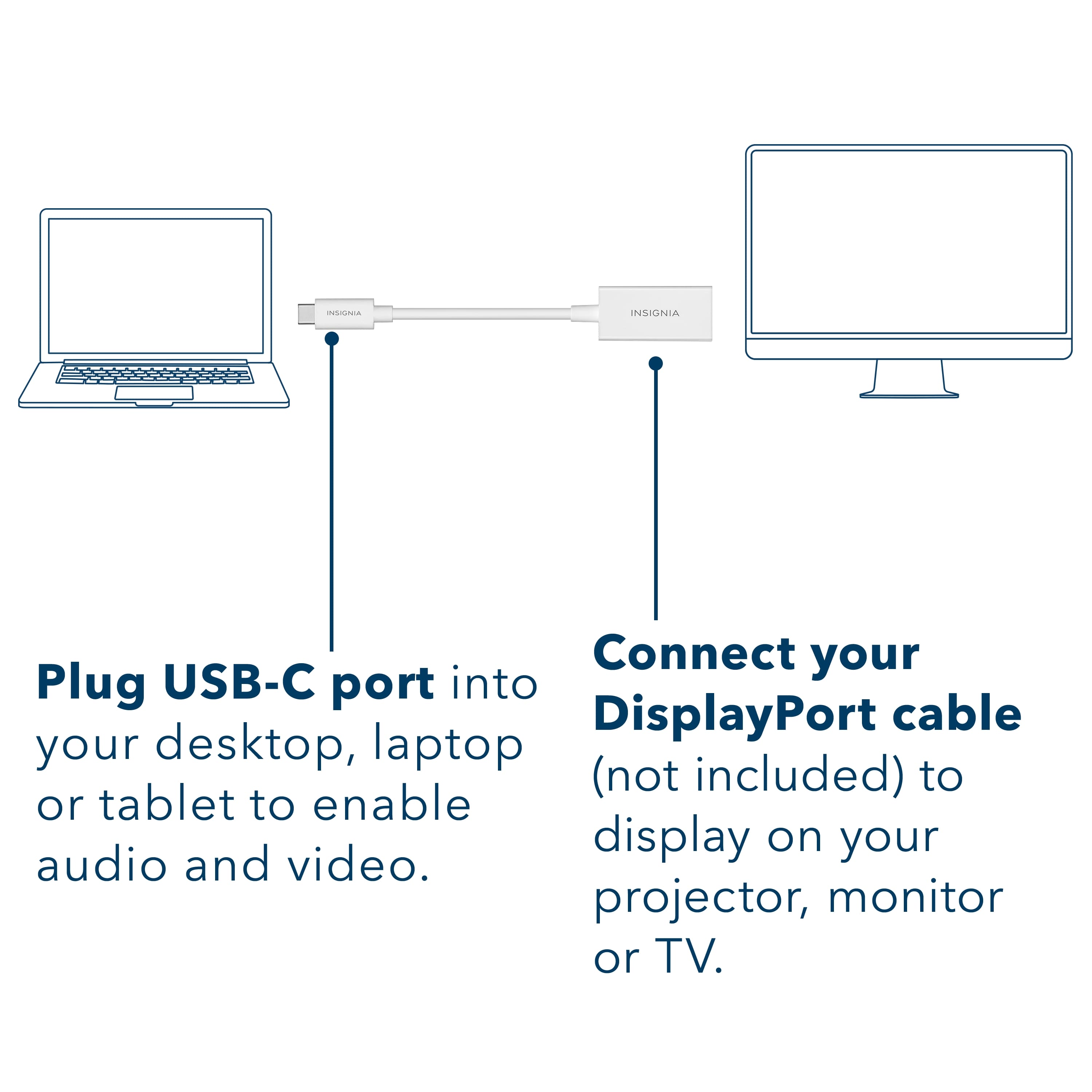 Connect your USB-C port into a DisplayPort cable to enable audio and video on your desktop, laptop (not included), or tablet. Display on your projector, monitor, or TV.