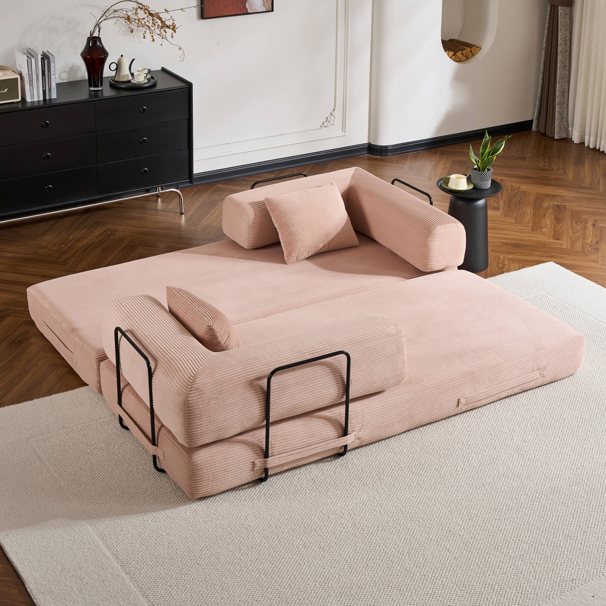Alt View 1. GOODSILO - Convertible Sleeper Sofa in Cylindroy Fabric | Features a Cylindrical Pillow & Space-Saving Foldable Design - Pink.