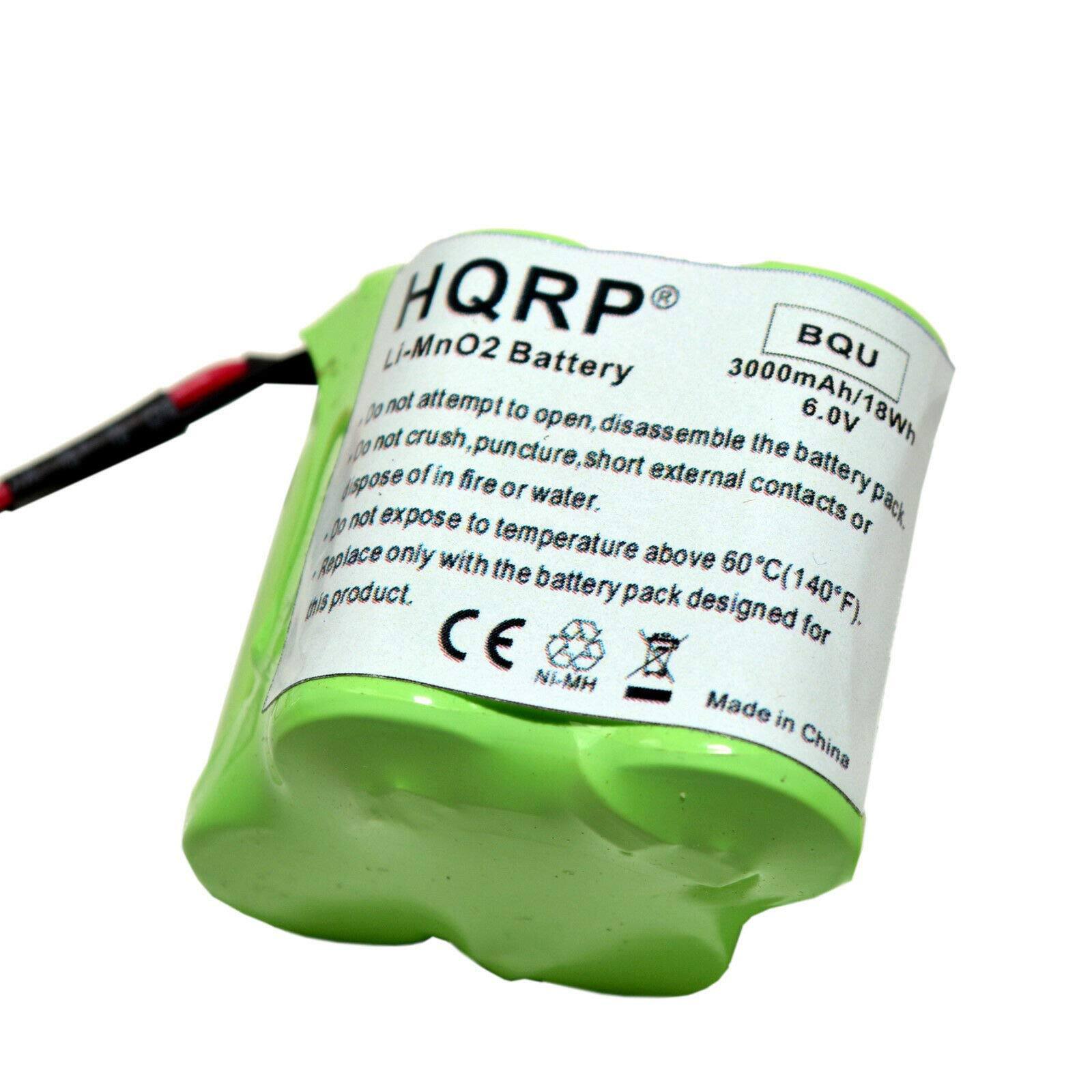 HQRP  
BQU  
Li-MnO2 Battery  
3000mAh/18Wh  
6.0V  

Do not attempt to open, disassemble the battery pack.  
Do not crush, puncture, short external contacts or expose to fire or water.  
Do not expose to temperature above 60°C (140°F).  
Replace only with the battery pack designed for this product.  

CE  
Ni-MH  
Made in China