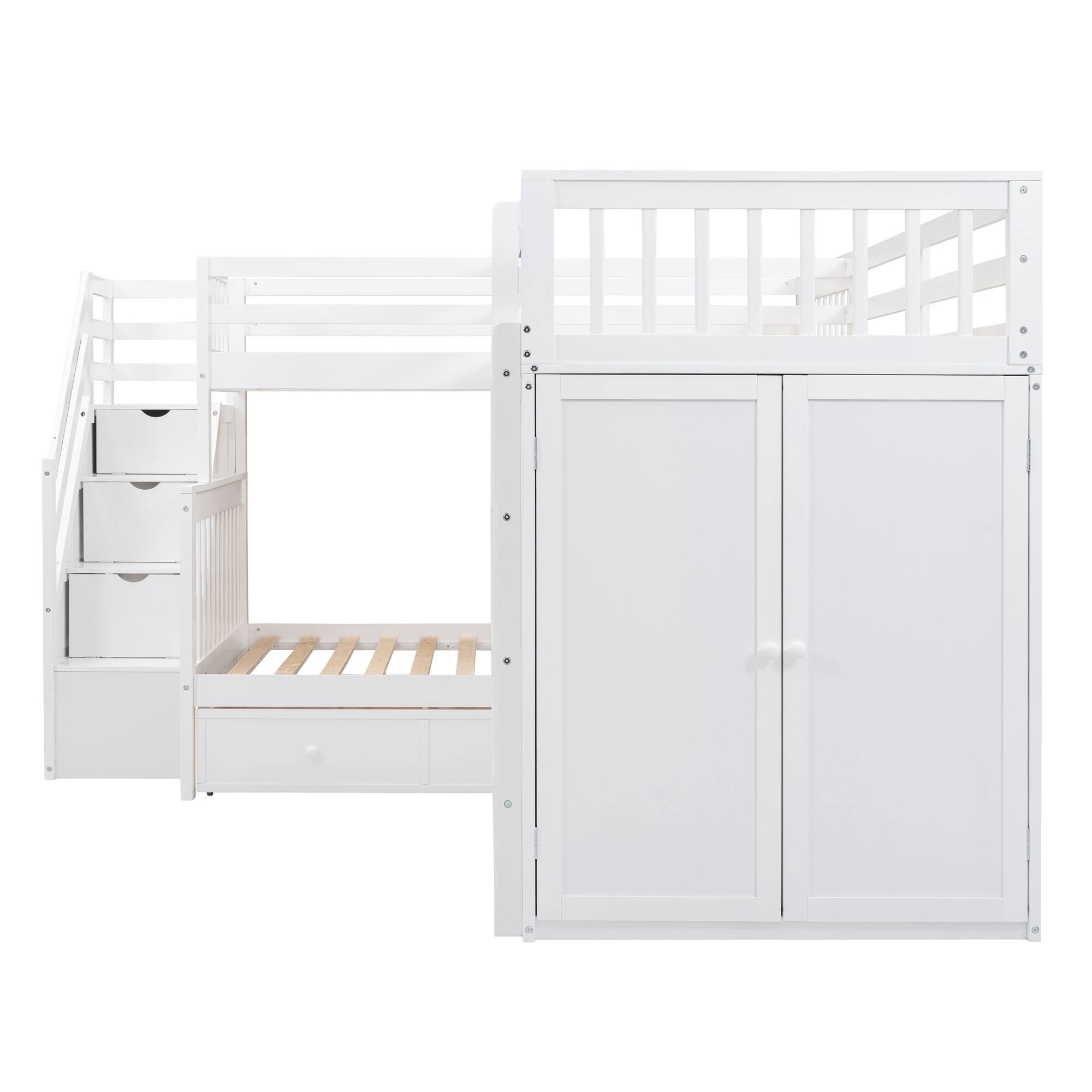 Alt View 6. Tiramisubest - Twin-Twin L-Shaped Bunk Bed, 3 Drawers, Portable Desk, Wardrobe, White - White.