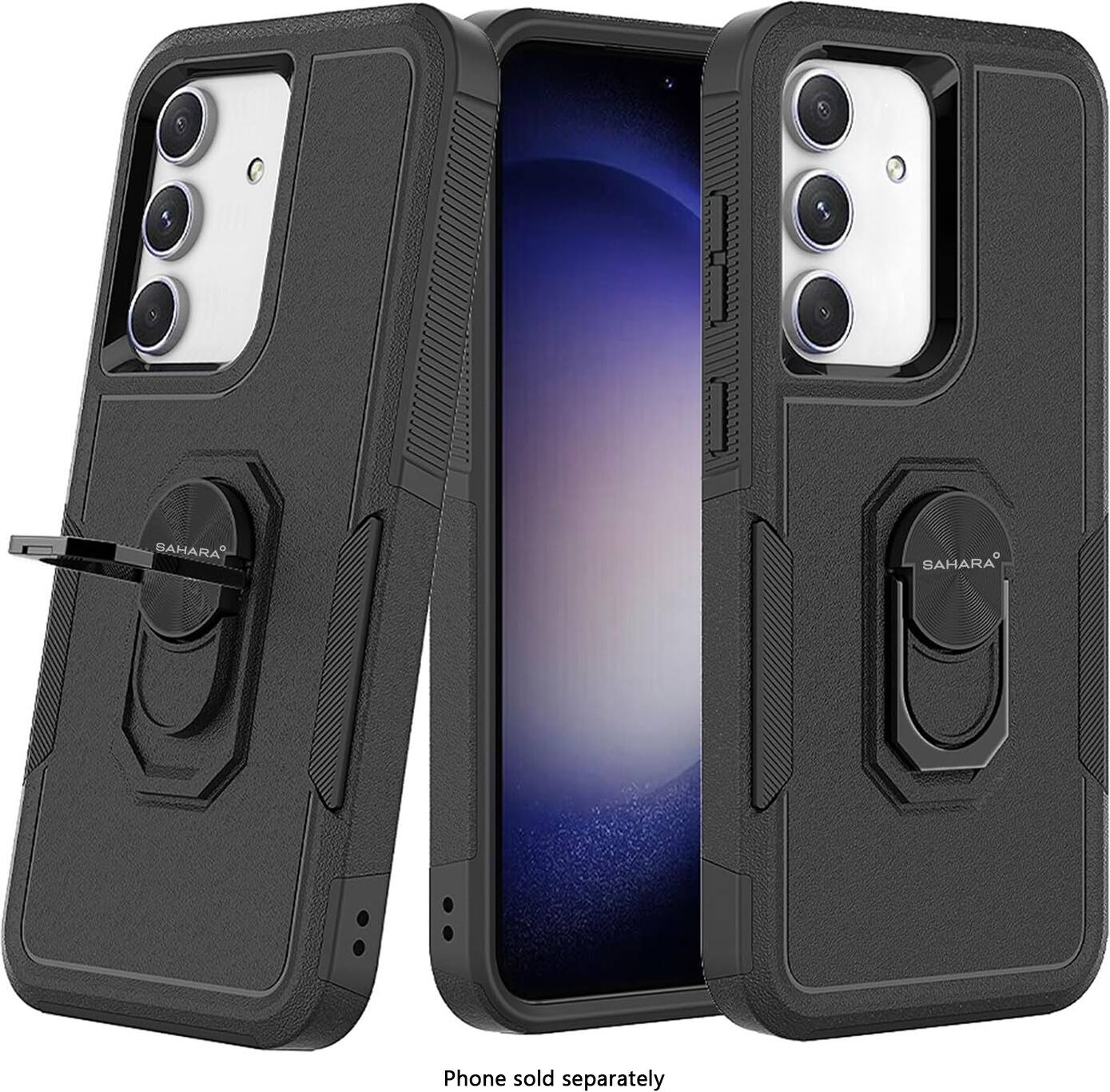 The image features a black case for a cell phone, with the phone itself visible through the case. The case is designed to hold the phone securely and protect it from damage. The phone is not sold separately, as it is already included in the case. The case is made by Bahara Sahara and is available for purchase.