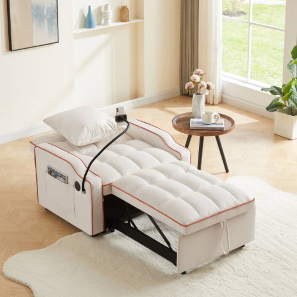 Left. LUCKY ONE - 3-in-1 Convertible Sleeper Sofa Chair Bed w/ USB Type-C Phone Holder Side Pockets - Beige.