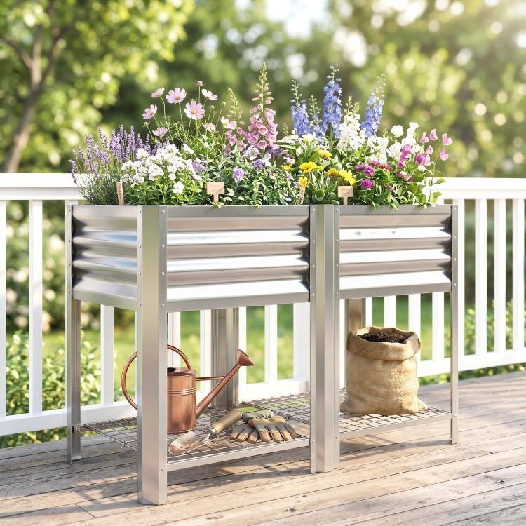 Alt View 9. PULUZ - Raised Garden Bed Galvanized Steel, Elevated Planter Box with Storage Shelf, Bed Liner - Silver.