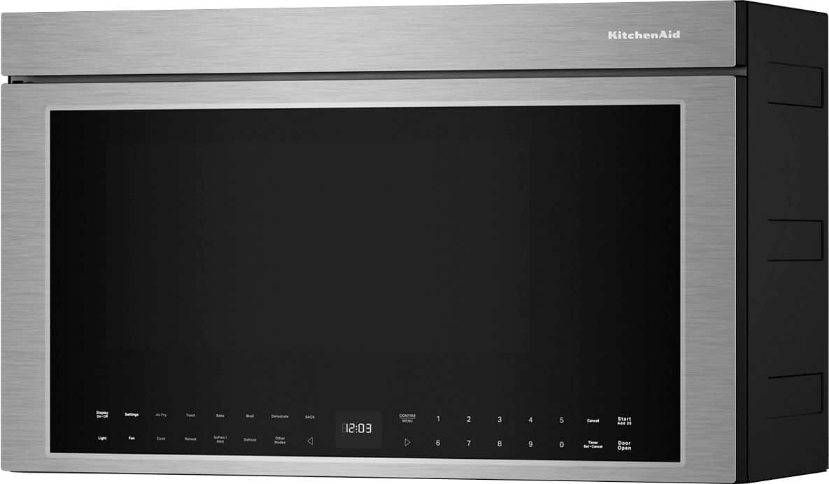 The text on the image reads "KitchenAid Dopitac m Settings Fan A Fry Cook Toast Reheat - Suffocate Cefoat Cenydrate Other Modes BACK 12:08 CONFIRM MEN 1 6 2 7 3 8 4 9 5 0 Cancel Timer Start AS 20 Door Open." This text is likely a description or instructions for the microwave oven.