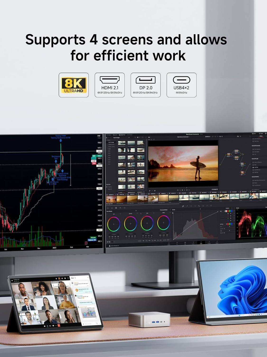 Supports 4 screens and allows for efficient work

8K ULTRAHD
HDMI 2.1
DP 2.0
USB4x2