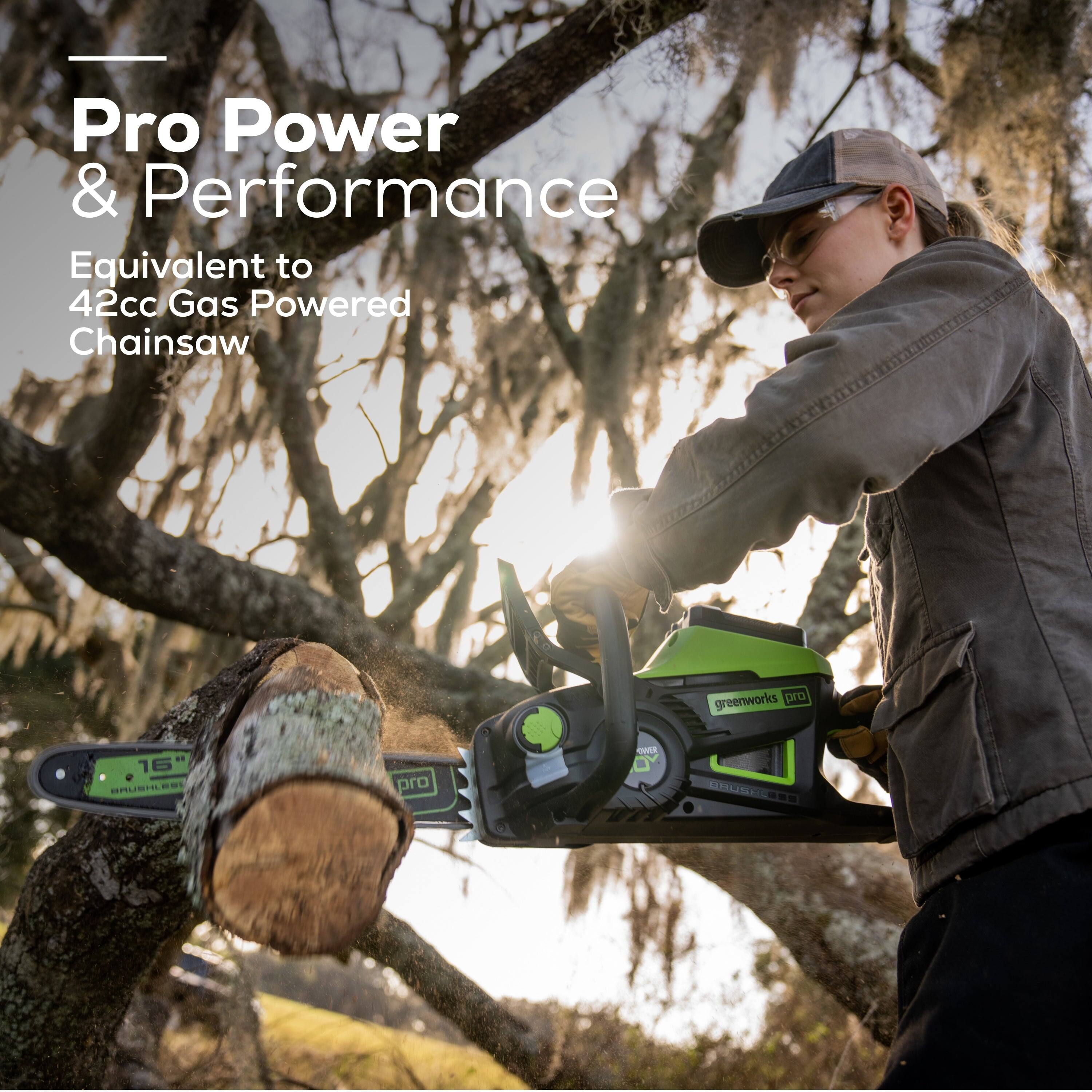 Pro Power & Performance  
Equivalent to 42cc Gas Powered Chainsaw  

greenworks pro  
16" BRUSHLEST  
pro  
OWER DV  
BRUSH&