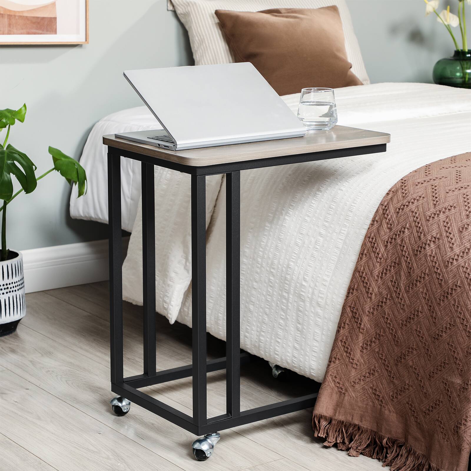 Back. Songmics Home - End Table, Side Table, TV Tray, C Shaped Snack Table with Metal Frame, Rolling Casters,for Living Room, Bedroom - Greige and Black.