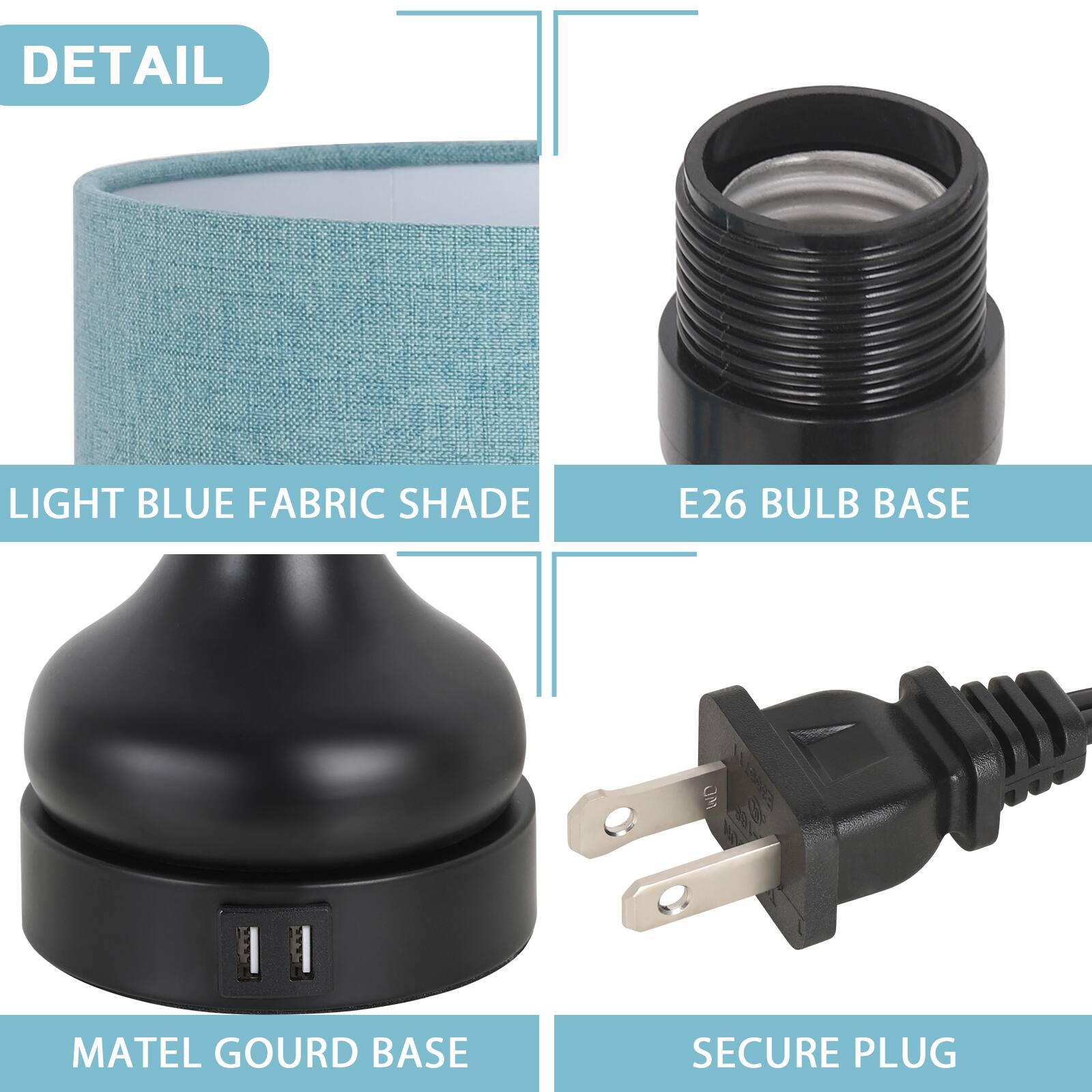 DETAIL  
LIGHT BLUE FABRIC SHADE  
E26 BULB BASE  
MATEL GOURD BASE  
SECURE PLUG