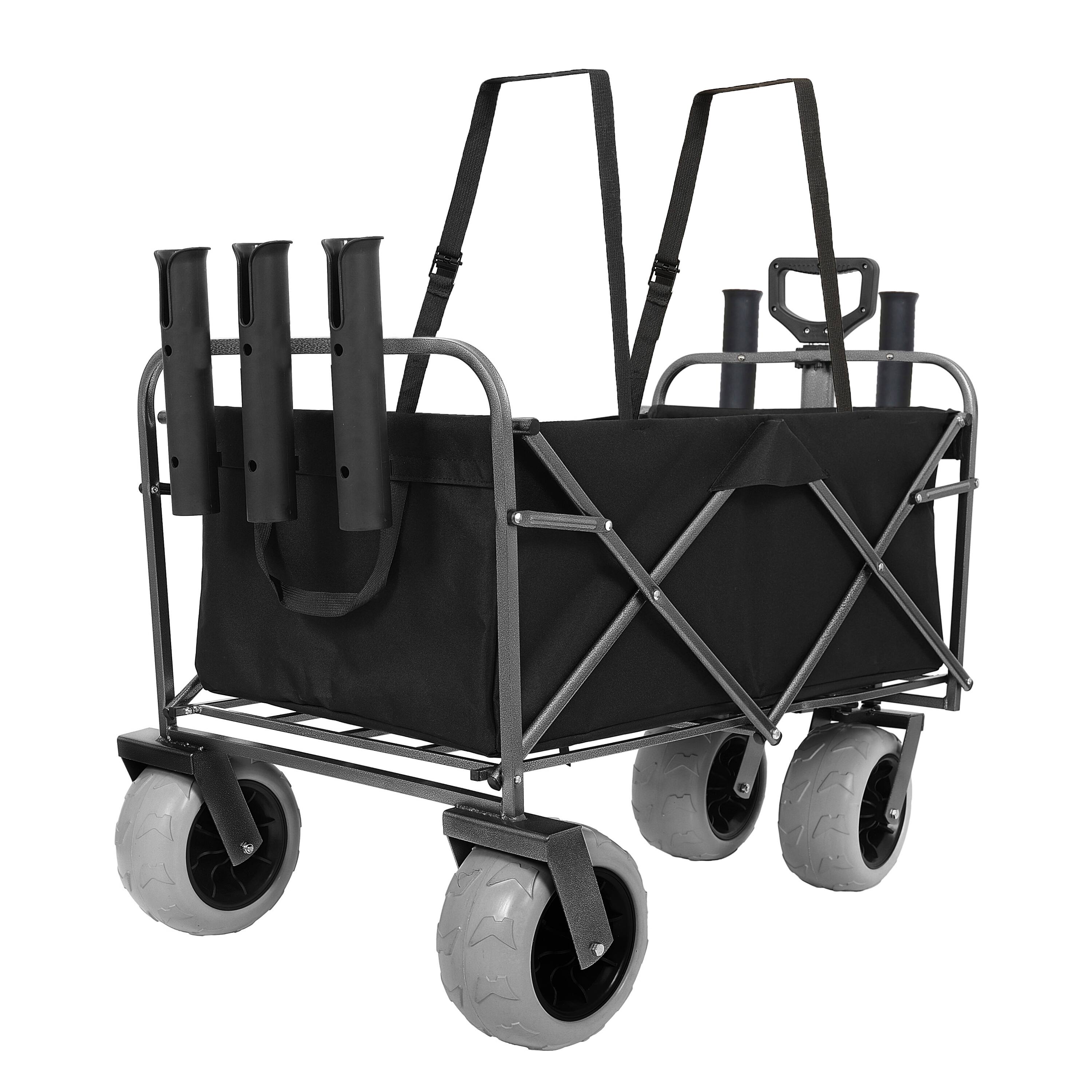 Alt View 7. Mondawe - 500lbs Foldable Steel Wagon Utility Carts w/ Waterproof Fishing Cart with Rod Holders - Black.