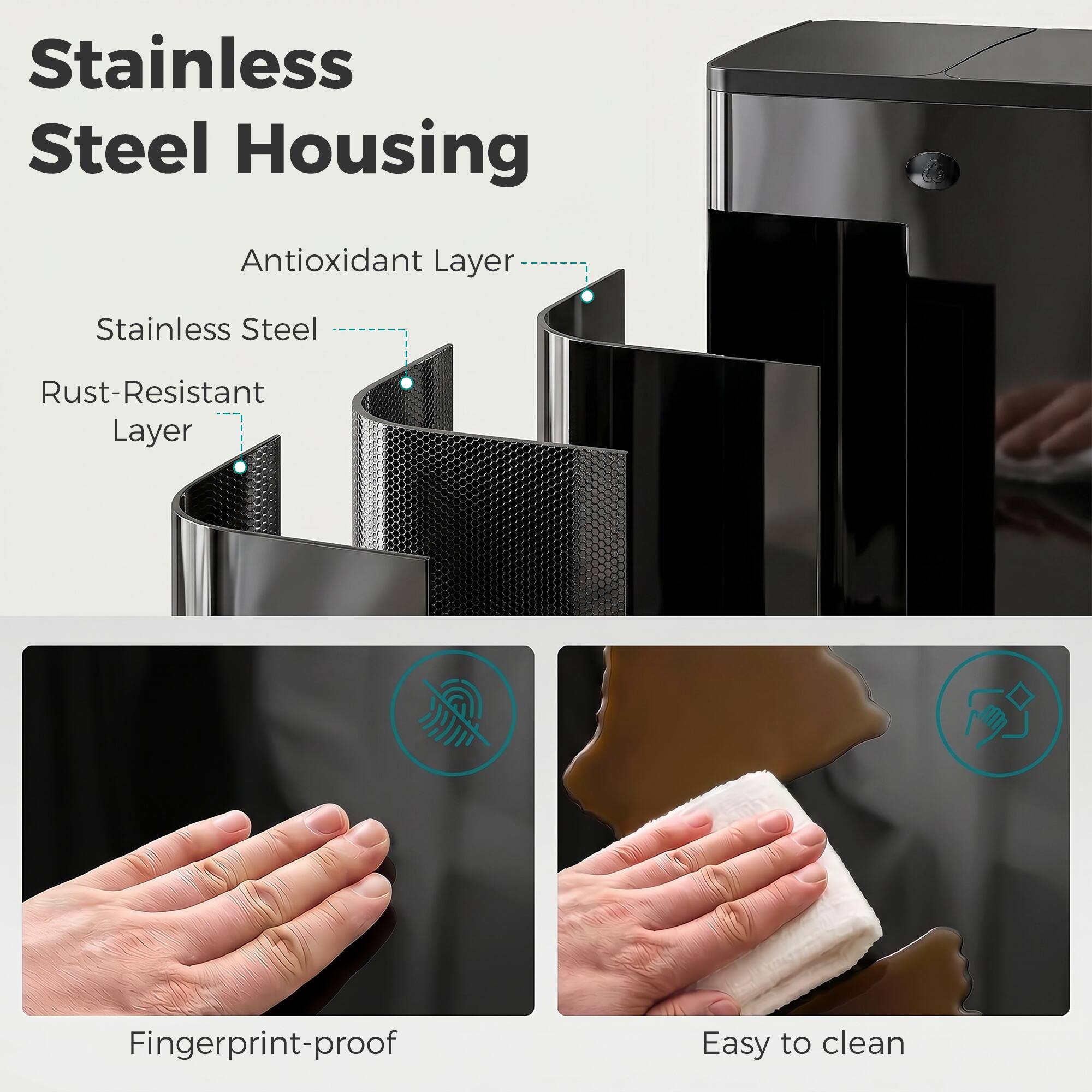 Stainless Steel Housing

- Antioxidant Layer
- Stainless Steel
- Rust-Resistant Layer

- Fingerprint-proof
- Easy to clean