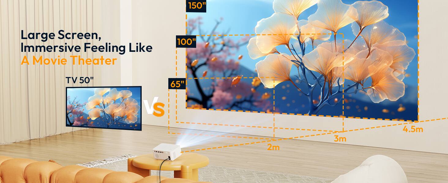 Large Screen, Immersive Feeling Like A Movie Theater

TV 50" vs 65"

150" 100"

2m 3m 4.5m