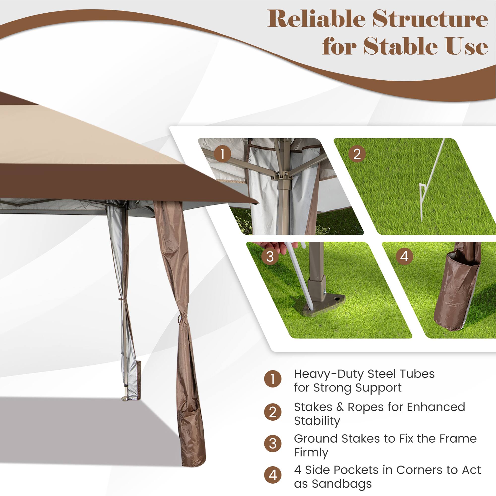 Reliable Structure for Stable Use

1. Heavy-Duty Steel Tubes for Strong Support
2. Stakes & Ropes for Enhanced Stability
3. Ground Stakes to Fix the Frame Firmly
4. 4 Side Pockets in Corners to Act as Sandbags