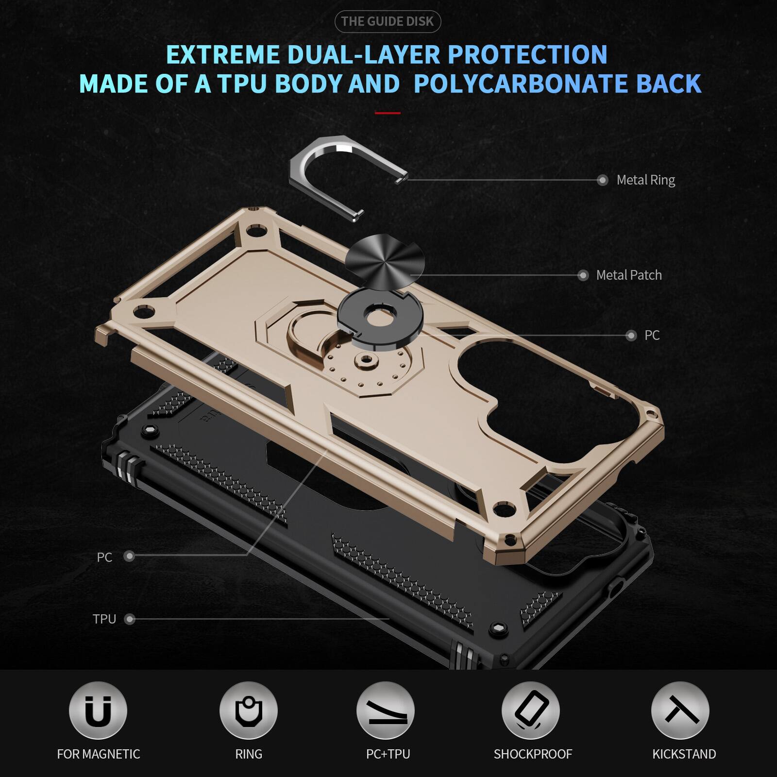 THE GUIDE DISK

EXTREME DUAL-LAYER PROTECTION MADE OF A TPU BODY AND POLYCARBONATE BACK

- Metal Ring
- Metal Patch
- PC
- PC
- TPU
- FOR MAGNETIC
- RING
- PC+TPU
- SHOCKPROOF
- KICKSTAND