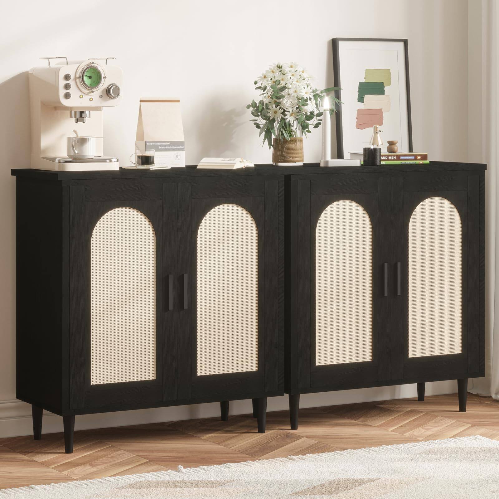 Back. Acekool - Sideboard Buffet Kitchen Storage Cabinet with Rattan, Solid Wood Feet for Living Room, Hallway, Entryway - Black.