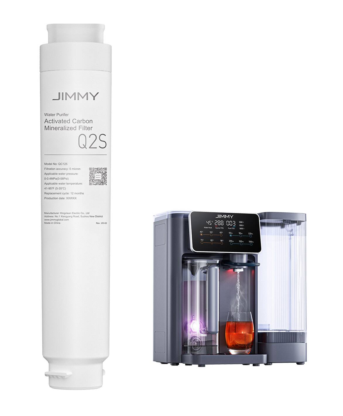 JIMMY  
Water Purifier  
Activated Carbon Mineralized Filter  
Q2S  

Model No: OC125  
Filtration accuracy: 5 micron  
Applicable water pressure: 0.4MPa-0.8MPa  
Applicable water temperature: 41-90°F (5-30°C)  
Replacement cycle: 12 months  
Production date: XXWXX  

Manufacturer: Kinglian Electric Co., Ltd  
Address: No. 12, Xinghua Road, Shantou District  
Website: www.jimmyglobal.com  
Made in China  

JIMMY  
45° 288 003  
Water Purifier  
Activated Carbon  
Mineralized Filter  
Q2S  

Model No: OC125  
Filtration accuracy: 5 micron  
Applicable water pressure: 0.4MPa-0.8MPa  
Applicable water temperature: 41-90°F (5-30°C)  
Replacement cycle: 12 months  
Production date: XXWXX  

Manufacturer: Kinglian Electric Co., Ltd  
Address: No. 12, Xinghua Road, Shantou District  
Website: www.jimmyglobal.com  
Made in China