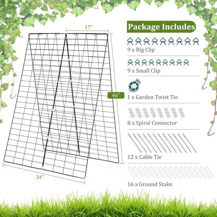 1 o - 17"  
Package Includes  
9 x Big Clip  
9 x Small Clip  
46"  
1 x Garden Twist Tie  
8 x Spiral Connector  
12 x Cable Tie  
34"  
16 x Ground Stake