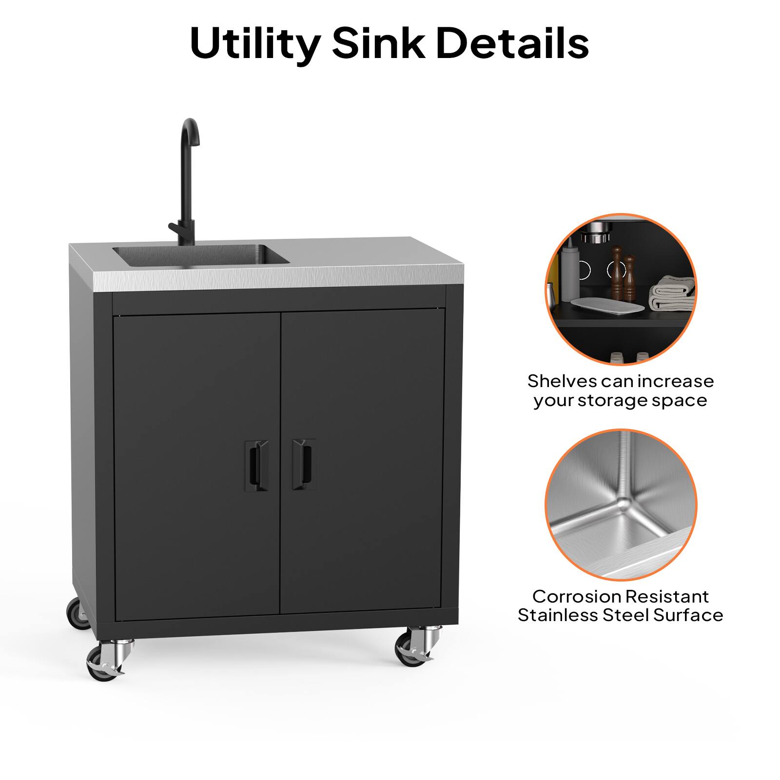 Utility Sink Details

- Shelves can increase your storage space
- Corrosion Resistant Stainless Steel Surface