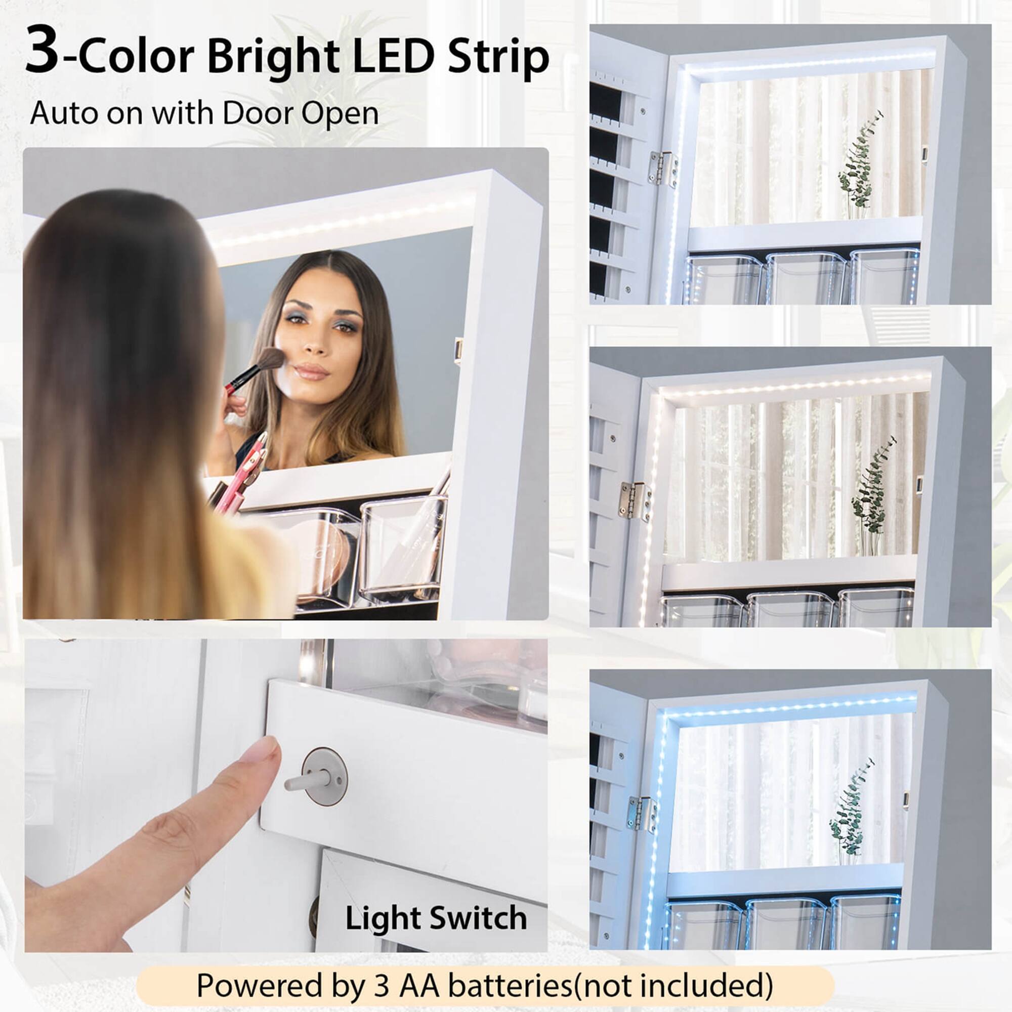 3-Color Bright LED Strip Auto on with Door Open Light Switch Powered by 3 AA batteries (not included).