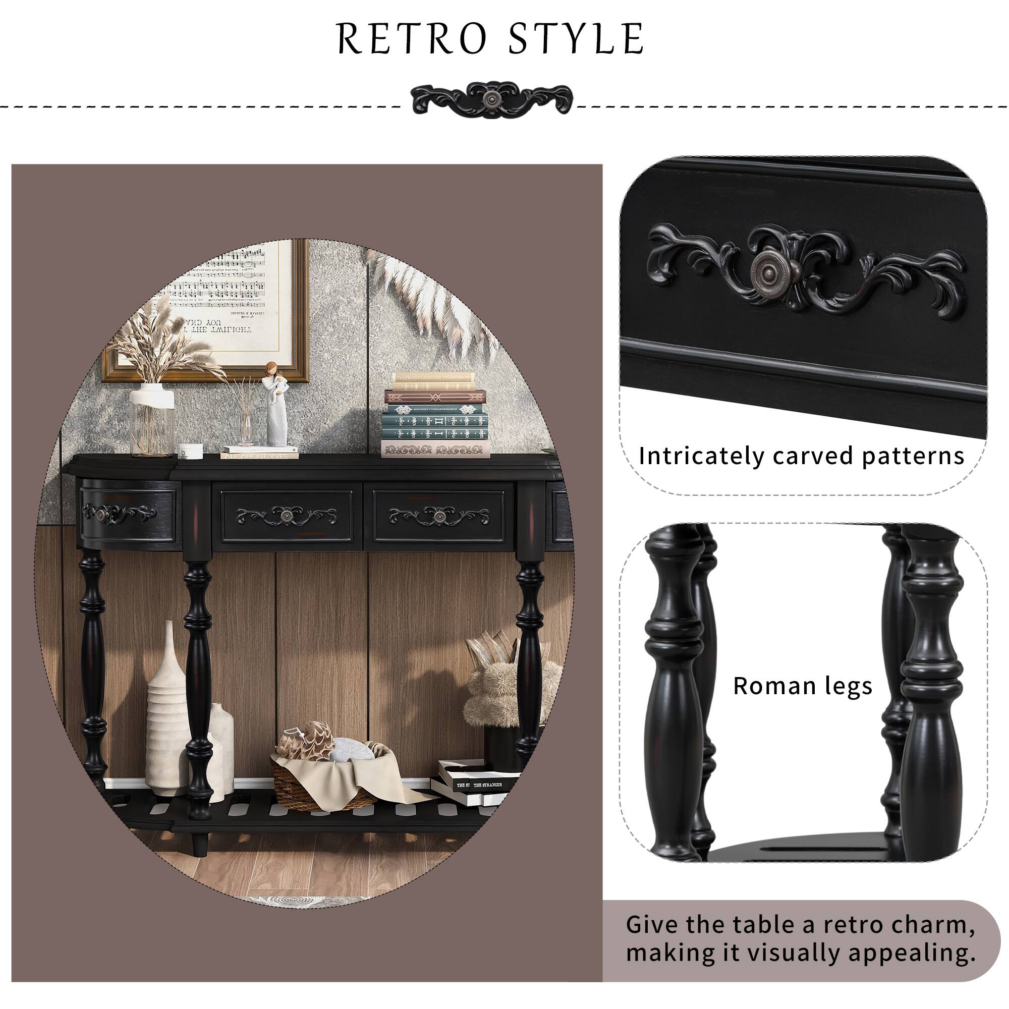RETRO STYLE

Intricately carved patterns  
Roman legs  
Give the table a retro charm, making it visually appealing.