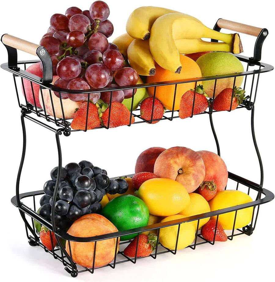 Alt View 5. Adivo - 2-Tier Fruit Basket with Double Wood Handles, Detachable Baskets, Durable Metal Kitchen Organizer - Black.