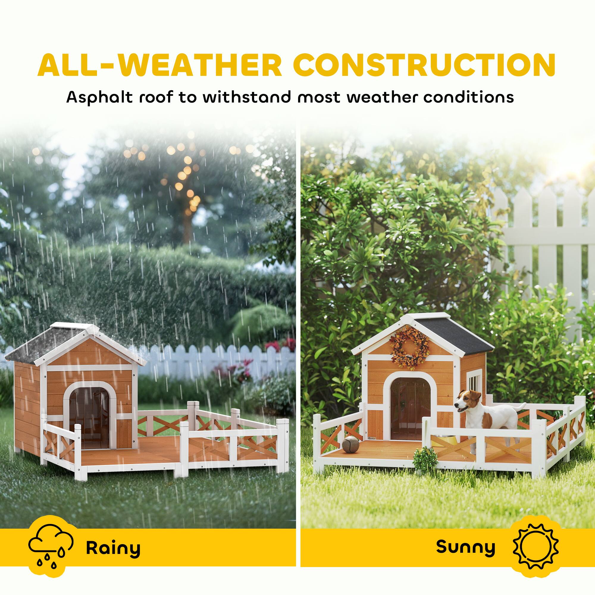 ALL-WEATHER CONSTRUCTION  
Asphalt roof to withstand most weather conditions  

Rainy  
Sunny