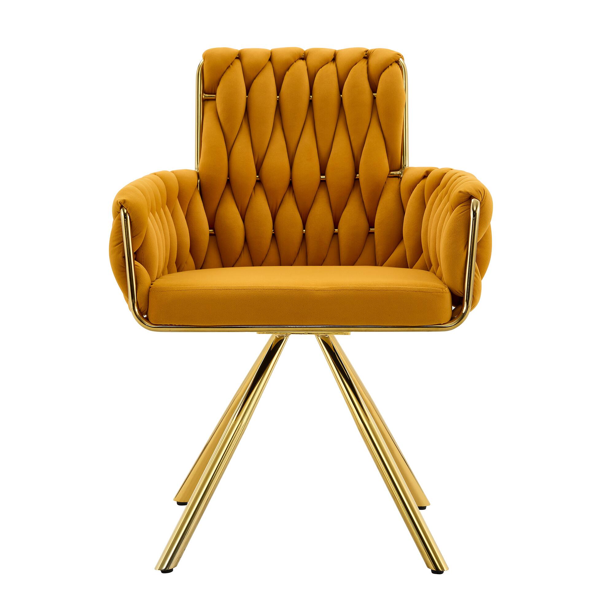 Alt View 8. Loheer - Loheer Velvet Dining Chairs Set of 2, Yellow Braided Upholstered Armchairs with Gold Legs, 2.08 ft, Dining Room - Gold,Yellow.