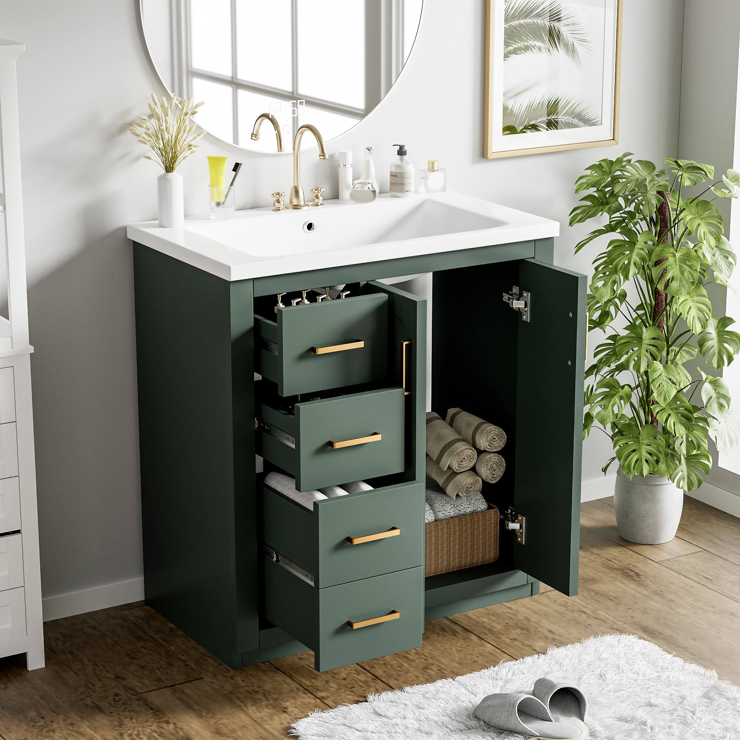 Alt View 5. Boyel Living - 30 Inch Bathroom Vanity Green with Ceramic Sink Solid Wood Frame 3 Drawers 1 Cabinet - Green.