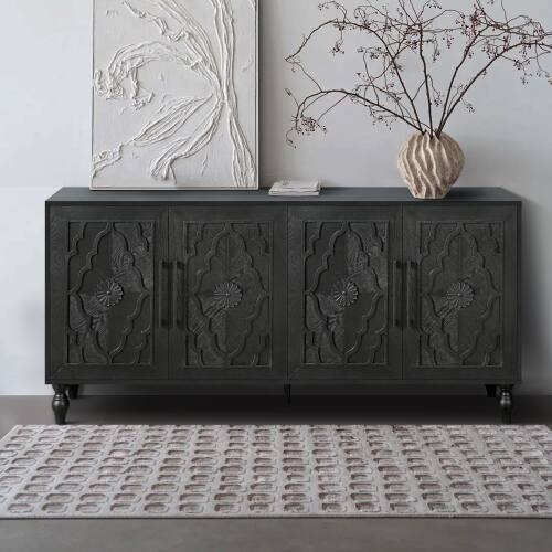 Back. LUCKY ONE - Freestanding Large Storage Cabinet with Carved Flower Door Metal Handle for Living Room Kitchen Entryway - Black.