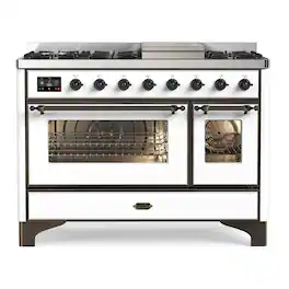 ILVE - Majestic II Series 48 in. Dual Fuel Range with 8 Sealed Burners + Griddle (Natural Gas, Burnished Trim) - White